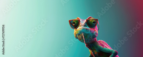 chameleon wearing sunglasses on a solid color background, vector art, digital art, faceted, minimal, abstract, panorama background