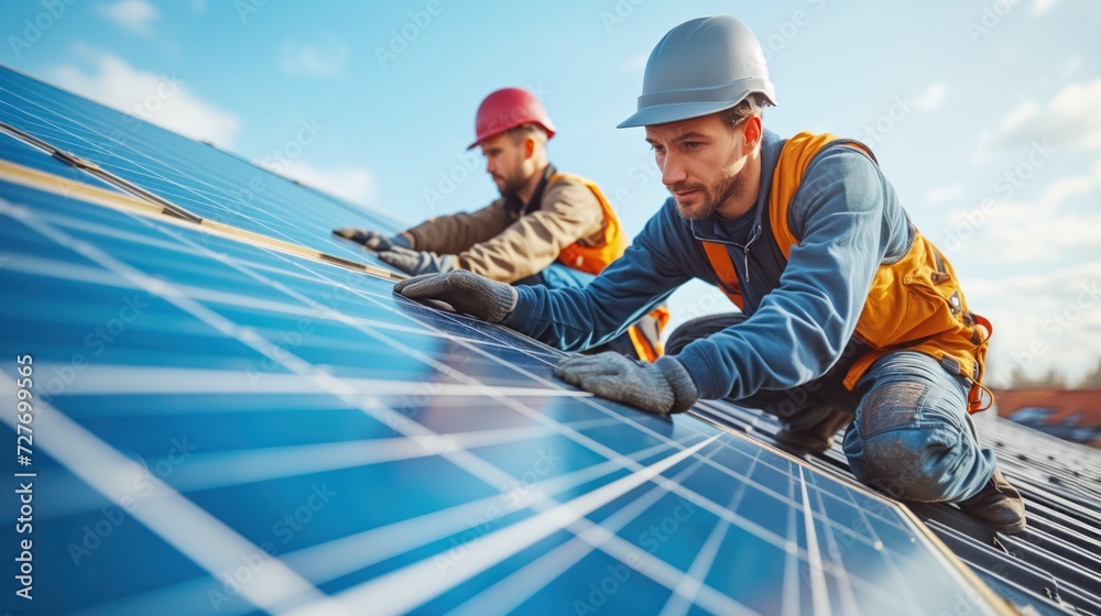 Two technicians installing or maintaining solar panels on the roof, with one of them in the foreground carefully adjusting the panel. Two technicians installing or maintaining solar panels on the roof, with one of them in the foreground carefully adjusting the panel.