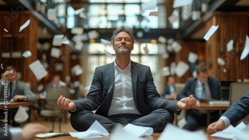 businessman meditating in the lotus posture on a desk in a busy office, with papers flying around him. calm amidst chaos. photo