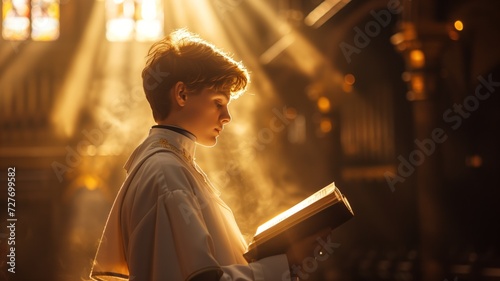 young acolyte in a church reading a holy book, while sunlight streams through the windows, emphasizing the smoke of incense in the air. photo