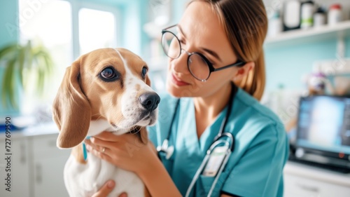 veterinarian holding a beagle dog, examining the animal with care and attention at the veterinary clinic. © ProstoSvet