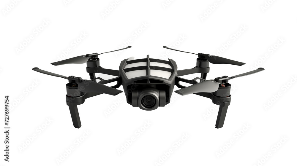A compact, foldable drone with a camera, ready for flight, on a white solid background. 