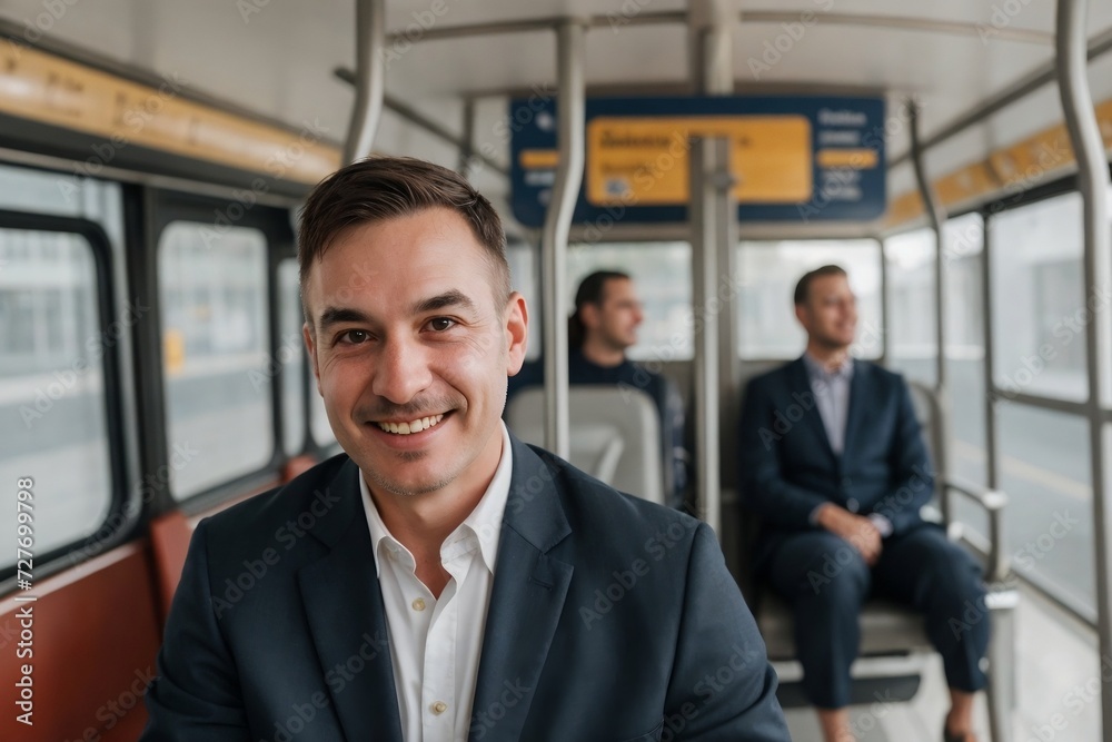 Businessman traveling by bus, Public Transportation Concept. Alternative way to reduce the air pollution and save the environment. Businessman traveling by bus, Public Transportation Concept. Alternative way to reduce the air pollution and save the environment.