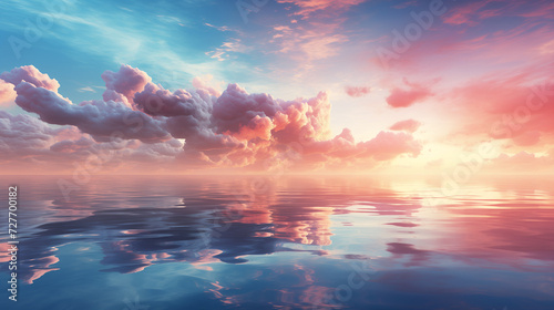  sea after the rain at sunset. Dramatic sky with glowing pink clouds, symmetry reflections in the water. Abstract natural pattern, texture, background, concept art photo