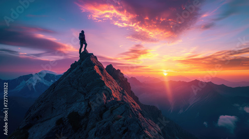 A male climber on a mountain peak at dawn that paints the sky with spectacular colors photo