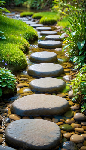 Stepping Stones. Pathway. Garden. Walkway. Natural. Outdoor. Landscape. Tranquil. Scenic. Decorative. Stone Path. Garden Design. Crossing. Footpath. Direction. Balance. Zen. AI Generated.