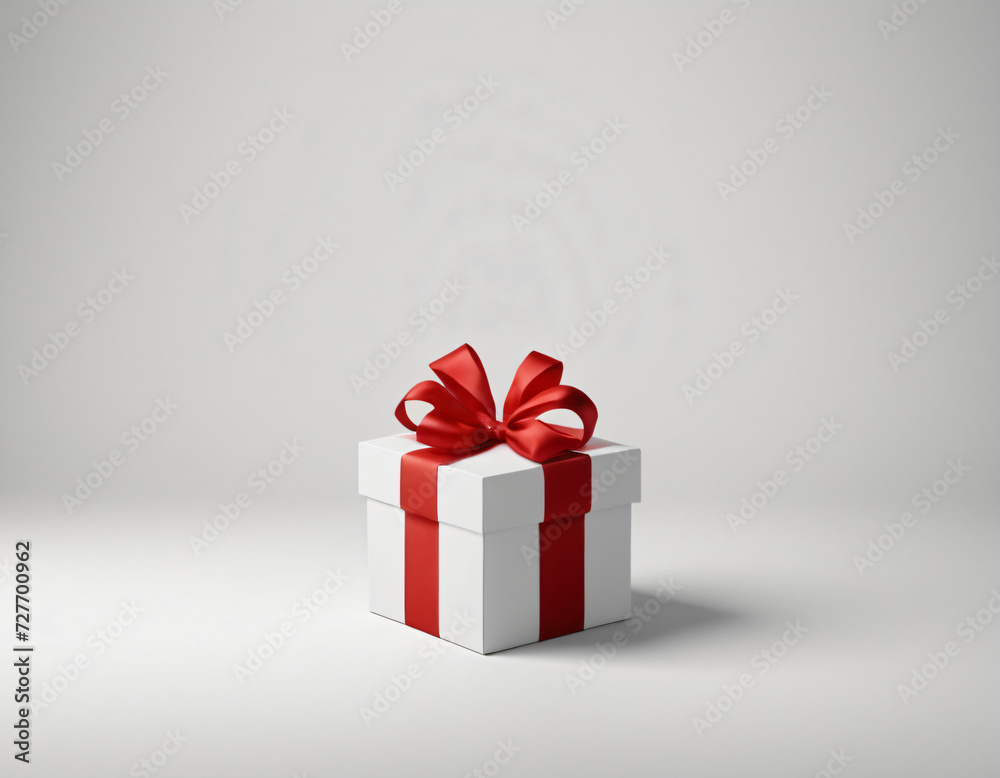 A classic white gift box adorned with a vibrant red ribbon, set against a soft grey backdrop, embodies timeless elegance and the joy of gifting. Generative AI. A classic white gift box adorned with a vibrant red ribbon, set against a soft grey backdrop, embodies timeless elegance and the joy of gifting. Generative AI.