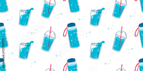 Water drinks seamless pattern. Water in glass, plastic bottle, thermos. Background for banner in cartoon style.