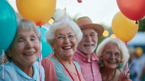 Group of Joyful Seniors Celebrating with Colorful Balloons  Exuding Happiness and Vitality  Ideal for Lifestyle and Festivity Concepts