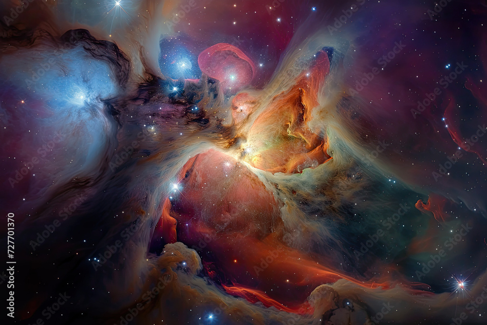 Fototapeta premium Vibrant space galaxy cloud nebula in a starry night cosmos, depicting the wonders of the universe through science and astronomy. A captivating supernova background wallpaper