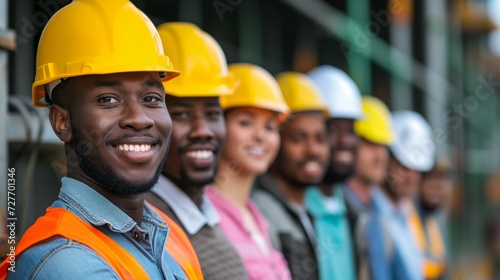 Diverse team of smiling construction workers in safety gear standing in line, representing teamwork and safety on site © R Studio
