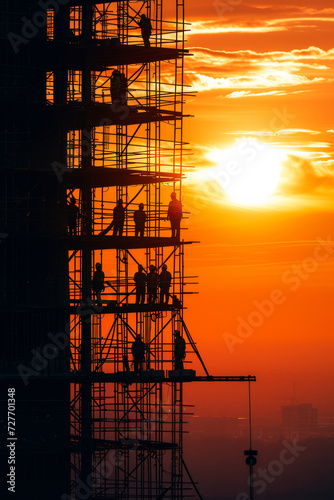 Workers Collaborating on High Scaffold at Dusk.
Vertical image of construction workers engaged on a high-rise building scaffold during a sunset.