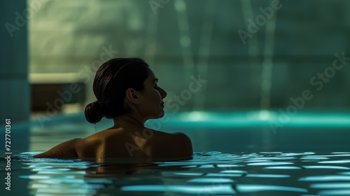 Young woman relaxing in a tranquil spa pool, serene and contemplative, perfect for wellness and self-care themes © R Studio