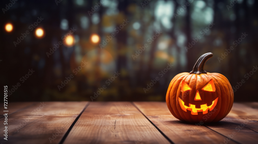 Fototapeta premium Halloween Pumpkin with Glowing Eyes, Forest Sunset Halloween Scene