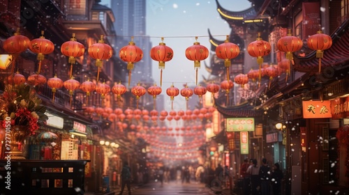 A Festive City Street Decorated with Red Lanterns for Chinese New Year
