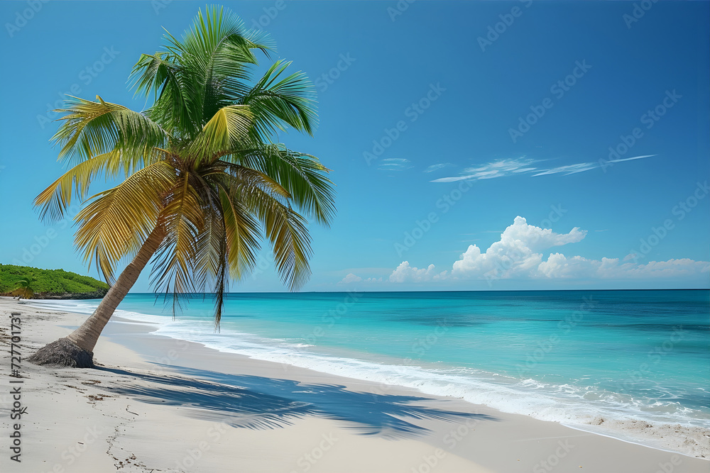a beautiful beach, bright blue sea, sunshine, a palm tree