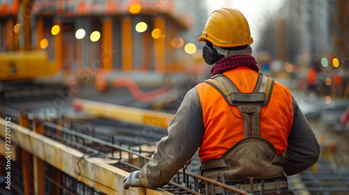 Builder Inspecting Construction Framework. A focused construction worker inspects the framework at a building site during the late afternoon.