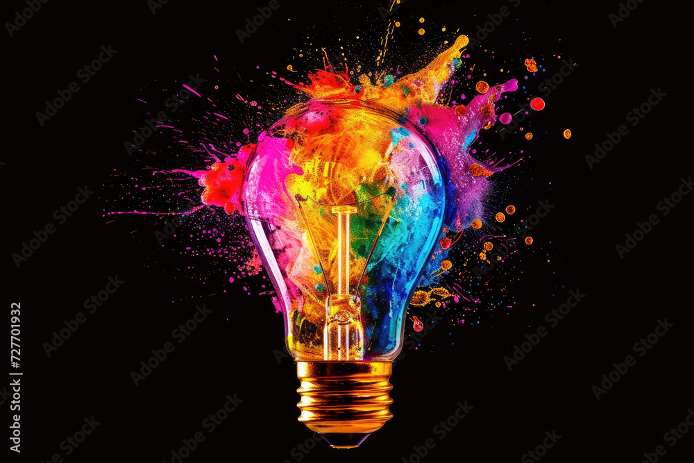 An imaginative light bulb bursts, releasing a burst of vibrant paint splashes against a black backdrop. Embracing the concept of thinking differently and fostering creative ideas An imaginative light bulb bursts, releasing a burst of vibrant paint splashes against a black backdrop. Embracing the concept of thinking differently and fostering creative ideas
