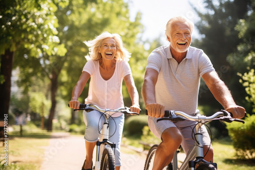 Elderly couple riding bicycles in city park, having fun and spending time together, leading an active lifestyle