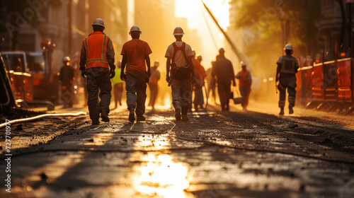 Construction Crew Walking on Urban Road at Sunset