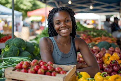 Dynamic Portrait of a Black Female Entrepreneur in Market Buzz