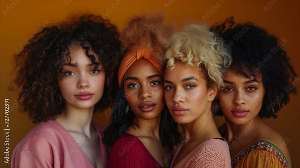 Obraz premium Group of diverse women standing together against a brown background. Multi ethnic females looking at camera in the studio