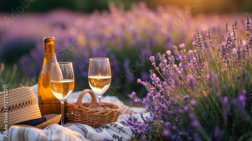 Picnic blanket with wine glasses at a lavender field in France during summer photo