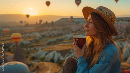 Women drinking coffee early in the morning with hot air balloons in Cappadocia at sunrise,woman drinking coffee at sunset