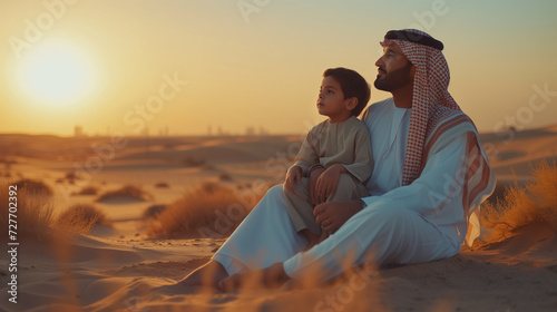 Middle-eastern father and son wearing arab traditional kandura spending time in the desert of Dubai at sunset photo