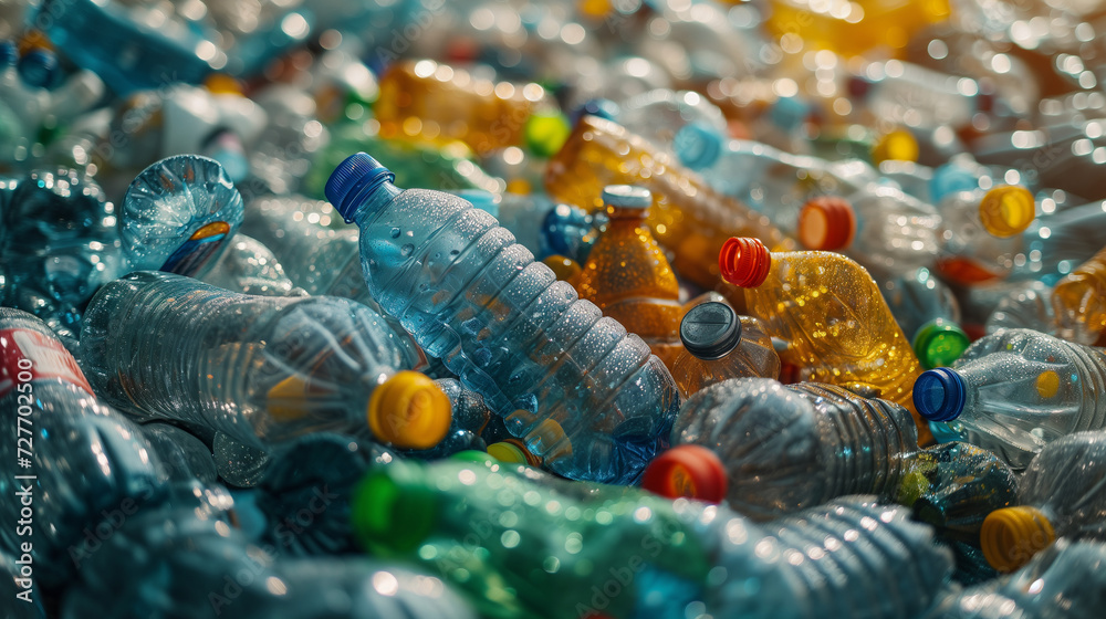 plastic bottles at a recycle station, plastic rubbish outdoors, plastic pollution, Zero waste, plastic free concept