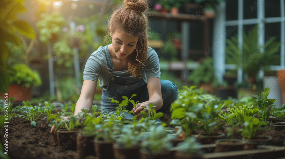custom made wallpaper toronto digitalgardening home. Girl replanting green pasture in the home garden.indoor garden, room with plants banner Potted green plants at home, home jungle, Garden room gardening, Plant room, Floral decor