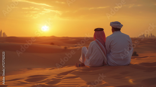 Father and son in the desert, Middle-eastern father and son wearing arab traditional kandura spending time in the desert, Dubai, photo