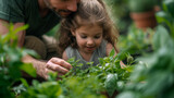 father and daughter in vegetable garden at home, family with herbs and veggies in a home garden