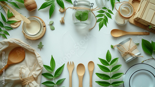 Plastic free tableware top view with copy space., Plastic-free set with cotton bag, glass jar, green leaves, and recycled tableware top view.  photo