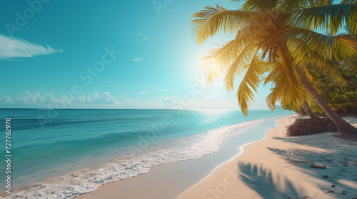 Sunny tropical beach with coconut trees, palm leaves against the backdrop of the sea. Summer theme. vacation concept