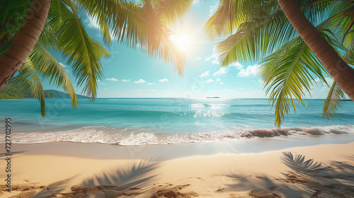 Sunny tropical beach with coconut trees, palm leaves against the backdrop of the sea. Summer theme. vacation concept © Fokke Baarssen