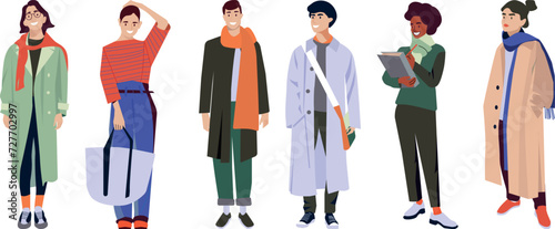 Diverse multiracial and multicultural group of people isolated on white background. Happy young men, women, and guys boys girls standing together. Social diversity. Flat cartoon vector illustration.