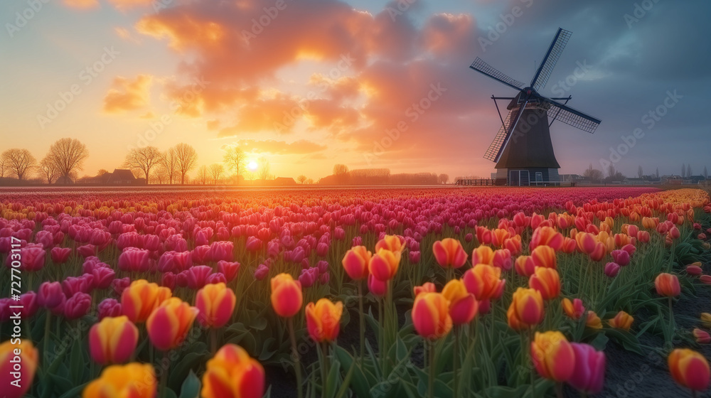 Tullip field in the Netherlands with an old wooden historical mill in the background, windmill and tulips
