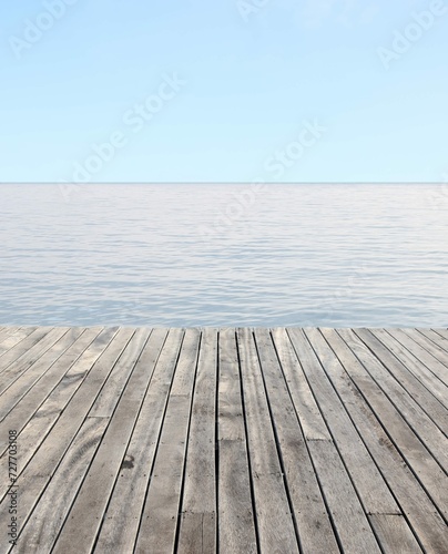 Wooden Floor Blue Sea With Waves Clear Blue Sky