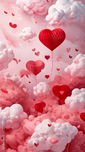 Happy Valentine's Day with paper cut clouds and 3D hearts on a dreamy pink background