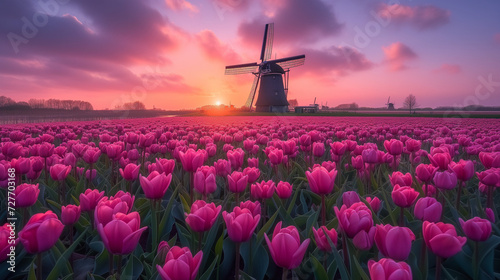 windmill at sunset with a tulip field din the Netherlands photo
