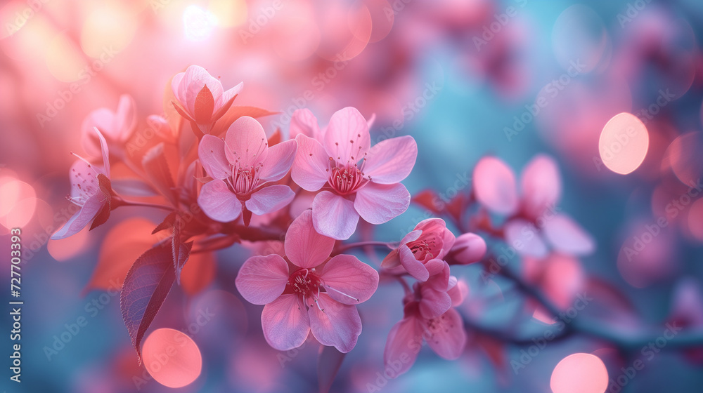 pink flowers in spring,close up of pink flower cherry blossom tree with warm soft sun light