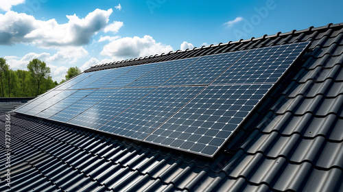 black solar panels on roof, sun energy, green energy, energy transition