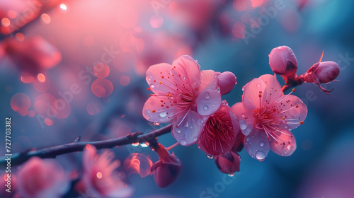 close up of pink flower,close up of pink flower cherry blossom tree with warm soft sun light photo