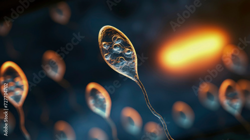 Group of male spermatozoa is approaching female egg. Blurred gradient background, in red and blue tones with gentle illumination. Harbingers of new life. Side view. Close-up. photo