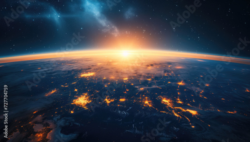  A sweeping panoramic perspective of the Earth as seen from space, featuring luminous city lights and gentle illumination from light clouds