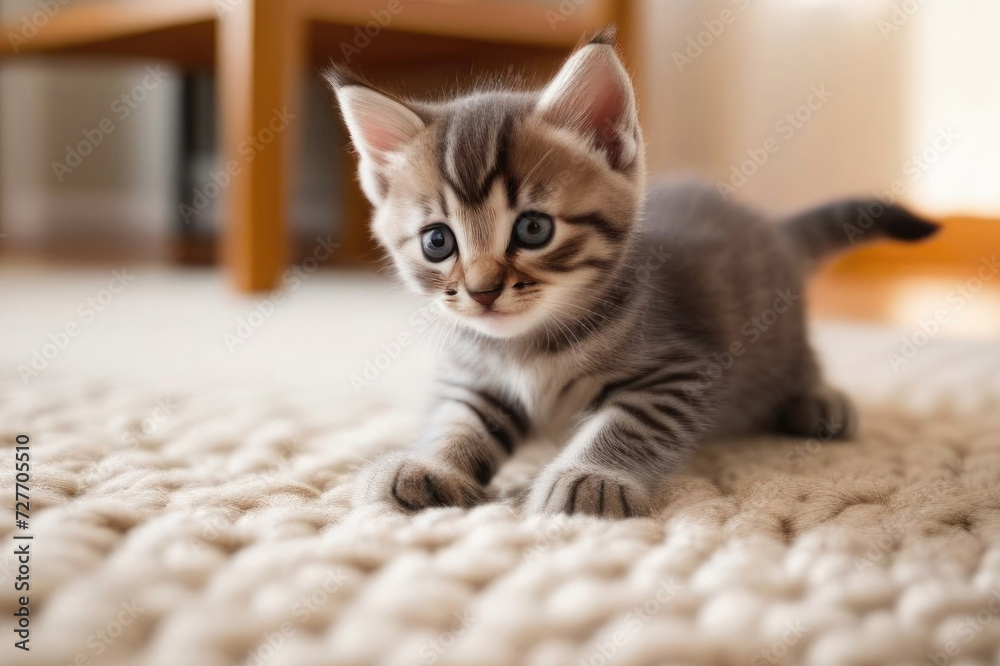 Adorable small gray tabby kitten sitting on light carpet in modern apartment, morning sunlight, close up, copy space, selective focus Adorable small gray tabby kitten sitting on light carpet in modern apartment, morning sunlight, close up, copy space, selective focus