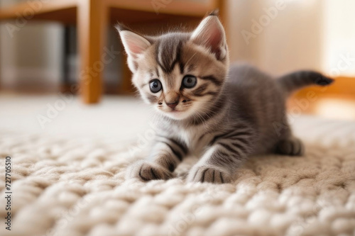 Adorable small gray tabby kitten sitting on light carpet in modern apartment, morning sunlight, close up, copy space, selective focus
