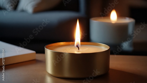 Burning scented candle on a table in a room, close-up