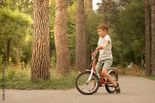 Little boy riding a bicycle in the park. Healthy lifestyle concept